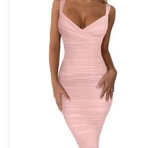 Pink Ruched Sweetheart Midi Dress